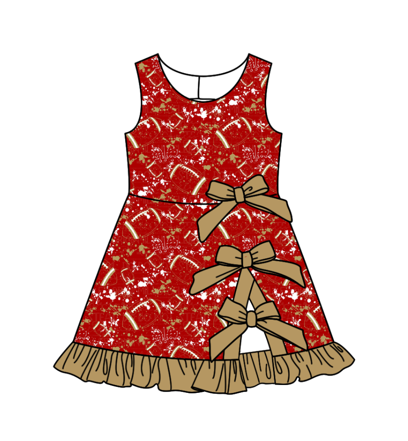 Custom moq 5 mix size milk silk summer teams Baby Girls Sleeveless Football Print Bow Ruffle Yoga Knee Length Dresses