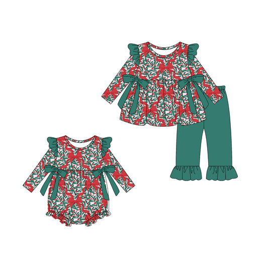 25.6.2 custom each style moq 5eta 4-6week Sibling Sisters Christmas bow baby girl long sleeve pants sets and rompers match family design