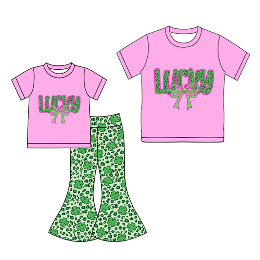 25.10.2 custom each style moq 5eta 4-6week Sibling Sister LUCKY baby short sleeve pants sets and adult top match design