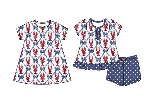 4.16 custom each style moq 5eta 4-6week Sibling Sister lobster bow baby girl short sleeve shorts sets and dresses match design