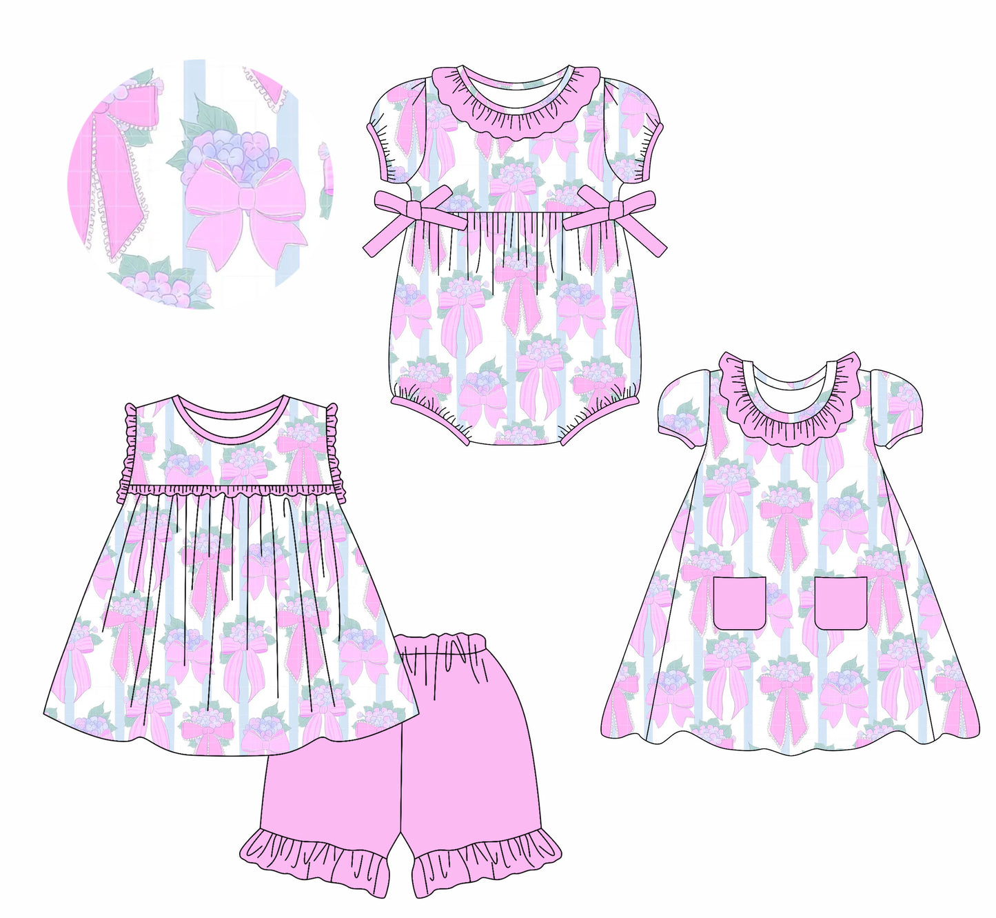 2.11 custom each style moq 5eta 4-6week Sibling Sisters bow floral baby girl short sleeve shorts sets and dress and rompers match family design