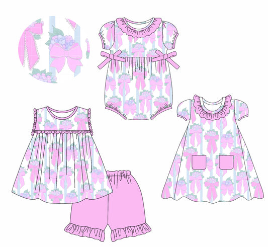 2.11 custom each style moq 5eta 4-6week Sibling Sisters bow floral baby girl short sleeve shorts sets and dress and rompers match family design