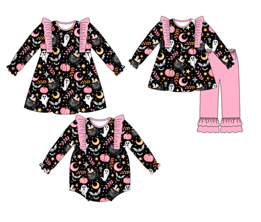 25.6.11 custom each style moq 5eta 4-6week Sibling Sisters Halloween baby girl long sleeve pants sets and dress and rompers match family design
