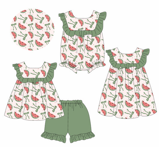 3.20 custom each style moq 5eta 4-6week Sibling Sisters watermelon bow baby girl short sleeve shorts sets and dress and rompers match family design