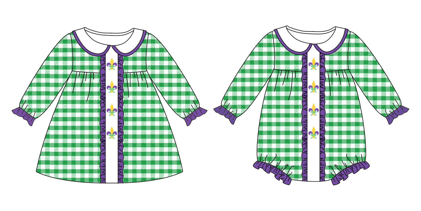 25.9.17 custom each style moq 8 eta 6-8week Sibling Sisters mardi gras baby girl long sleeve dress and rompers match family design