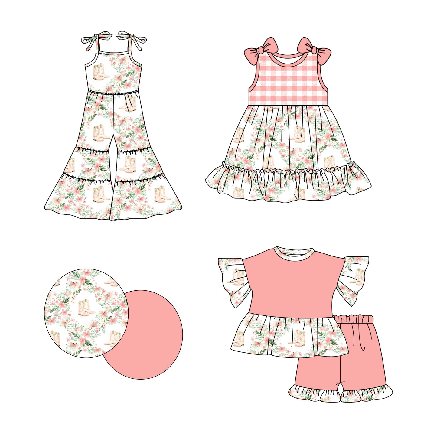 2.19 custom each style moq 5eta 4-6week Sibling Sister boots floral baby girl sets and dress and jumpsuit match family design