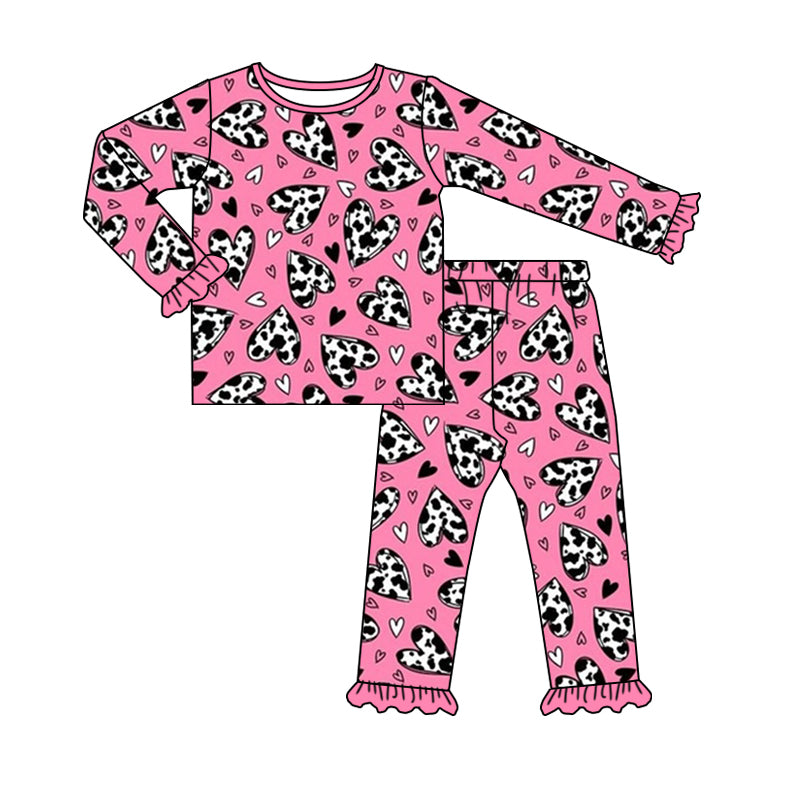 9.6 custom each style moq 5eta 4-6week Sibling Sister cow pattern love pink baby girl sets and dress and rompers match family design