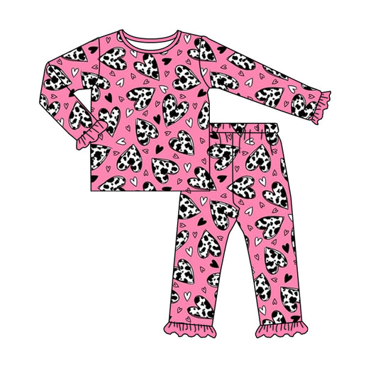 9.6 custom each style moq 5eta 4-6week Sibling Sister cow pattern love pink baby girl sets and dress and rompers match family design
