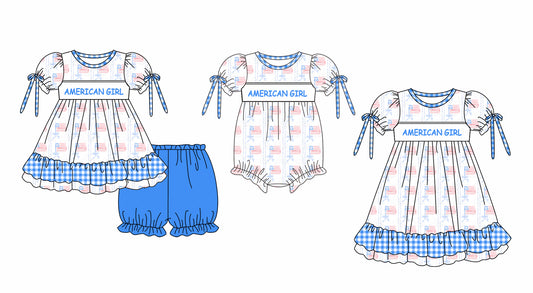 11.25 custom each style moq 5eta 4-6week Sibling Sister 4th of july AMERICA GIRL baby girl short sleeve shorts sets and dress and rompers match family design