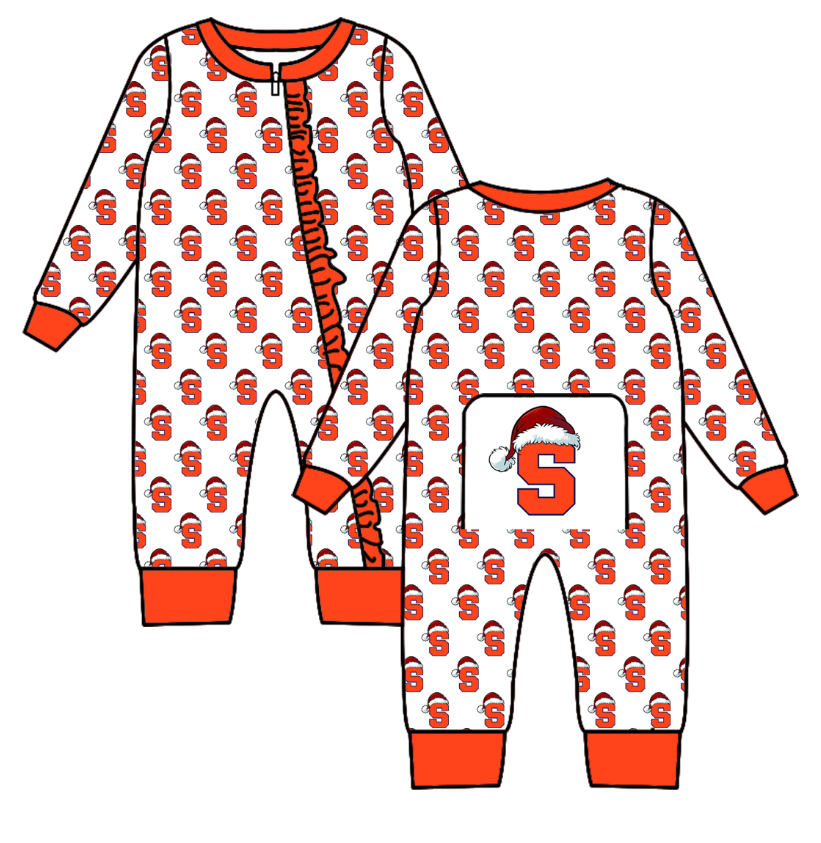 Custom moq 5 eta 6-8weeks   Christmas Hat S Team Orange long sleeve girls  romper