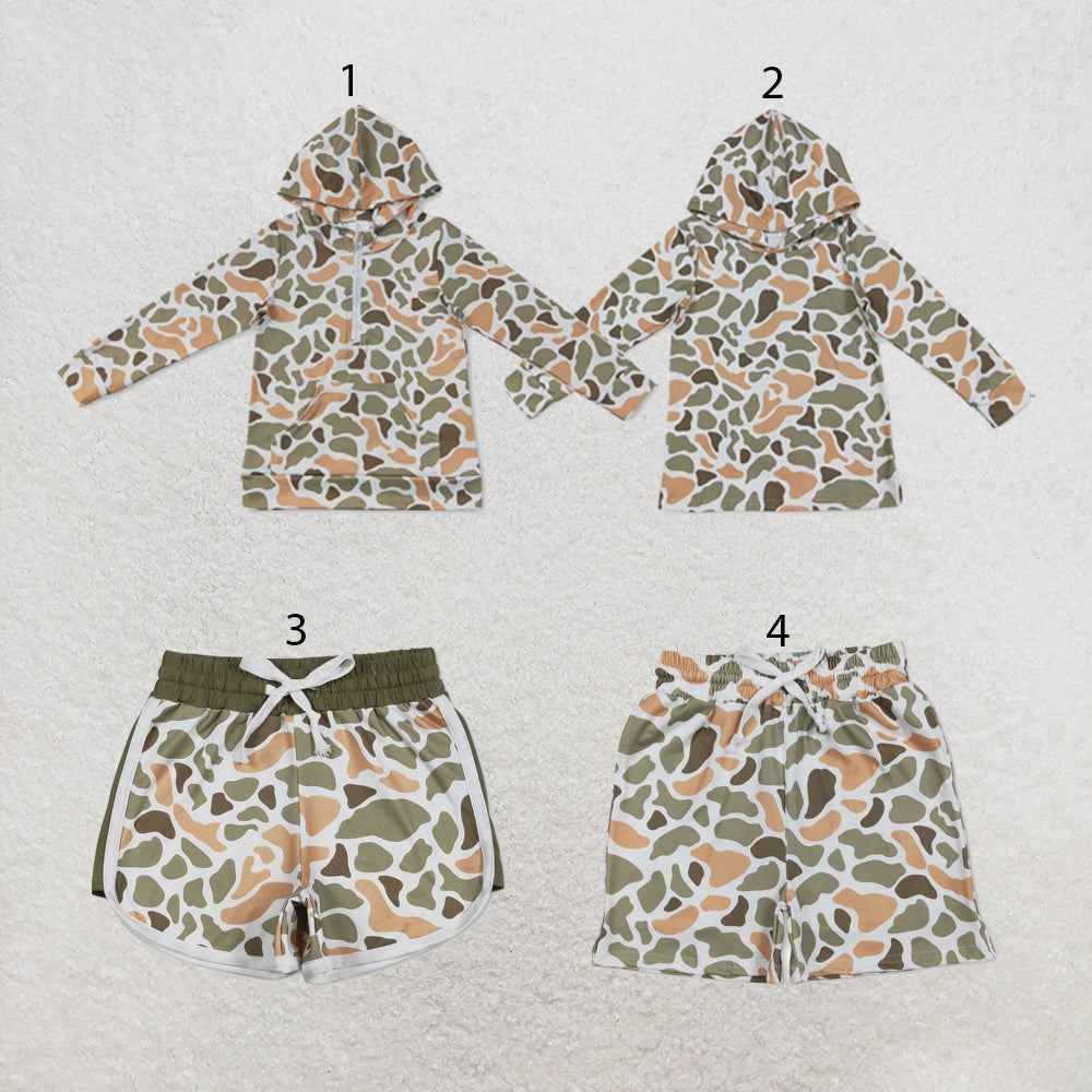RTS NO MOQ Sibling milk silk Baby Boys Green Khaki Camo Hoodies Hooded Tops Pocket Short Clothes Set