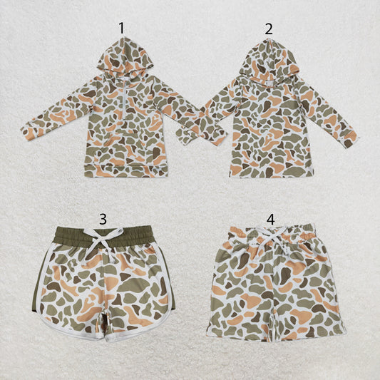 RTS NO MOQ Sibling milk silk Baby Boys Green Khaki Camo Hoodies Hooded Tops Pocket Short Clothes Set