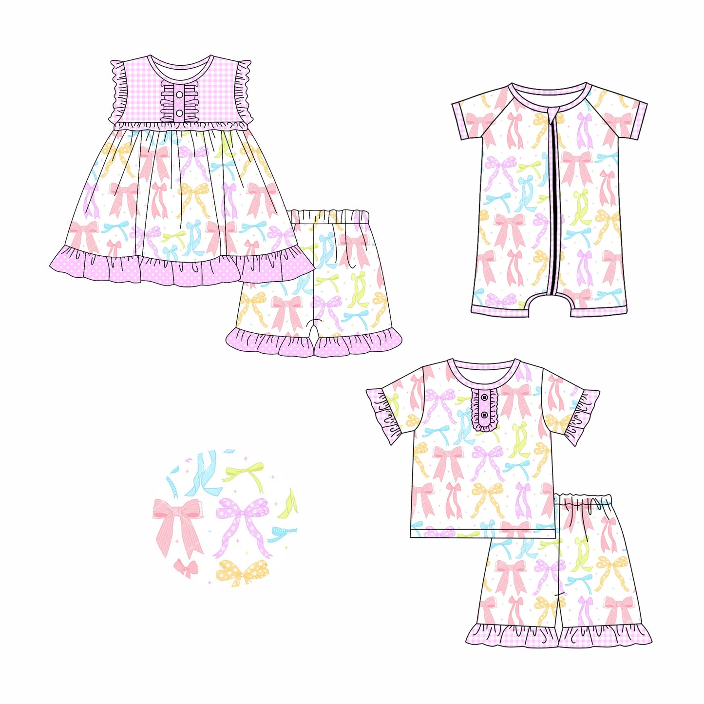 2.26 custom each style moq 5eta 4-6week Sibling Sister bow baby girl short sleeve shorts sets and sets 2 and boy romper match design
