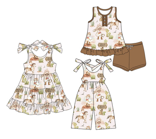 3.21 custom each style moq 5eta 4-6week Sibling Sister horse baby girl short sleeve shorts sets and dresses and jumpsuit match design