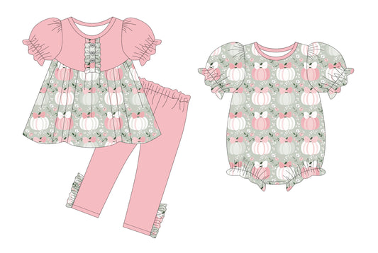 25.5.21 custom each style moq 5eta 4-6week Sibling Sister pumpkin floral bow baby girl short sleeve pants sets and sets 2 and rompers match family design