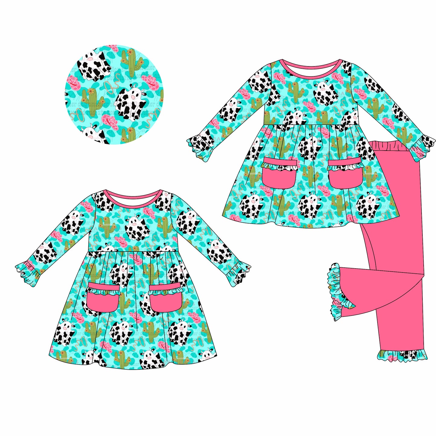 25.5.19 custom each style moq 5eta 4-6week Sibling Sisters cow catcus baby girl long sleeve pants sets and dress match family design