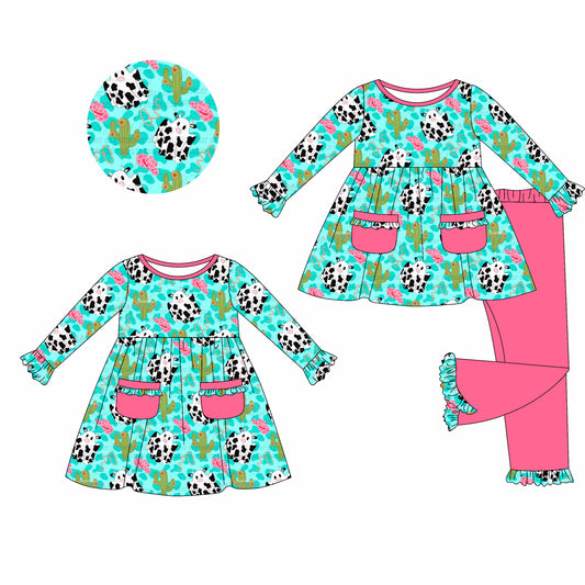 25.5.19 custom each style moq 5eta 4-6week Sibling Sisters cow catcus baby girl long sleeve pants sets and dress match family design