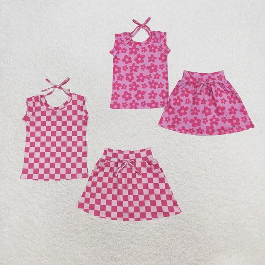 RTS NO MOQ Sibling Baby Girls  Sleeveless Hot Pink Flowers Top Pockets Short Skirts Sets