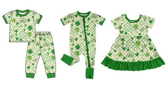 12.6 custom each style moq 5eta 4-6week Sibling Sister green baby girl sets and dress and rompers match family design