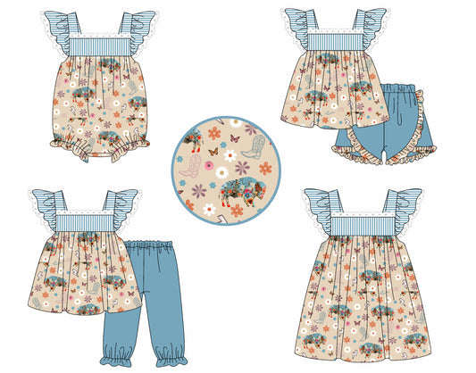 4.4 custom each style moq 5eta 4-6week Sibling Sisters floral baby girl short sleeve pants sets and shorts sets and dress and rompers match family design