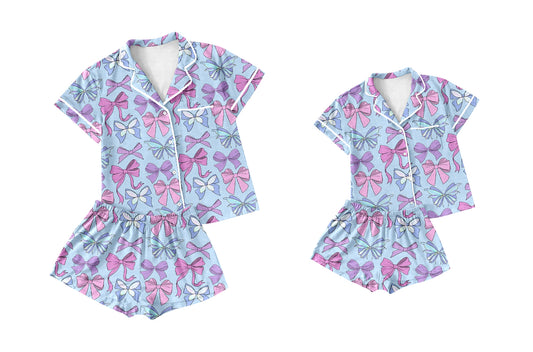 12.14 custom each style moq 5eta 4-6week Sibling Sister bow short sleeve shorts sets and adult sets match design