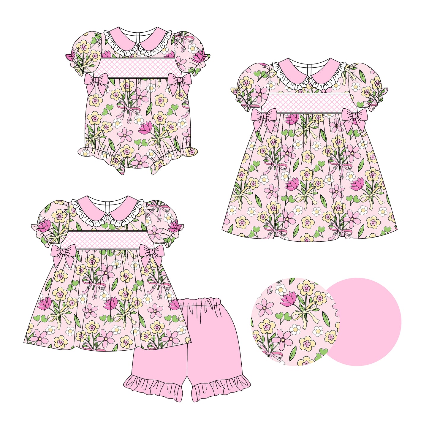 3.14 custom each style moq 5eta 4-6week Sibling Sisters floral baby girl short sleeve shorts sets and dress and rompers match family design