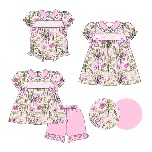 3.14 custom each style moq 5eta 4-6week Sibling Sisters floral baby girl short sleeve shorts sets and dress and rompers match family design