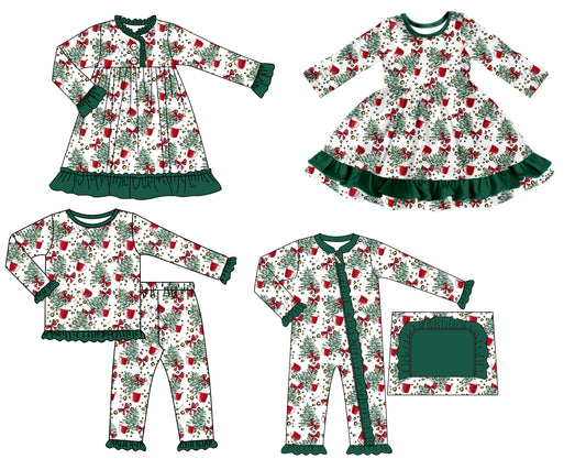 25.7.8 custom each style moq 5 eta 4-6week Sibling Sisters Christmas bow floral baby girl long sleeve pants sets and romper and dress 1 and dress 2 match family design