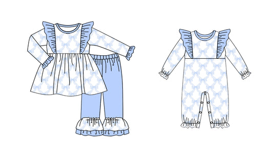 25.5.20 custom each style moq 5eta 4-6week Sibling Sisters bow baby girl long sleeve pants sets and rompers match family design