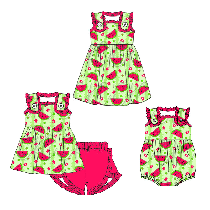25.12.26 custom each style moq 5 eta 6-8week Sibling Sister watermelon baby short sleeve shorts sets and romper and dress match design