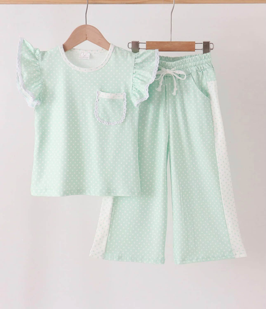 NEW RTS NO MOQ milk silk GSPO2332 Baby Girls Light Green Polka Dots Pocket Top Flare Pant Clothes Sets