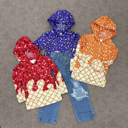 RTS NO MOQ Sibling baby boy girl clothes Waffle Ice Cream Royal Blue Hooded Long-Sleeved Top demin Pants set