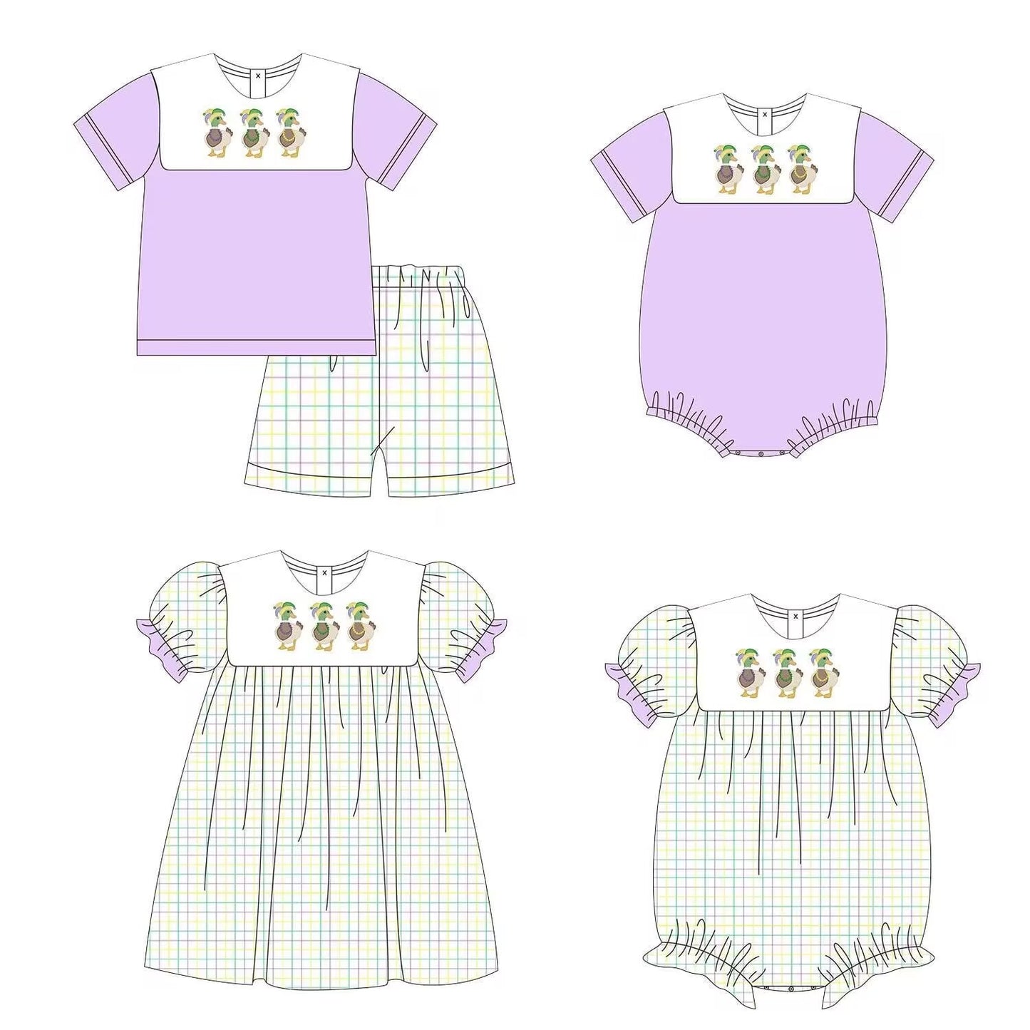 Custom moq 5 each style eta 6-7weeks baby girl clothes purple short sleeve shorts set and dress and rompers 2-25.9.4