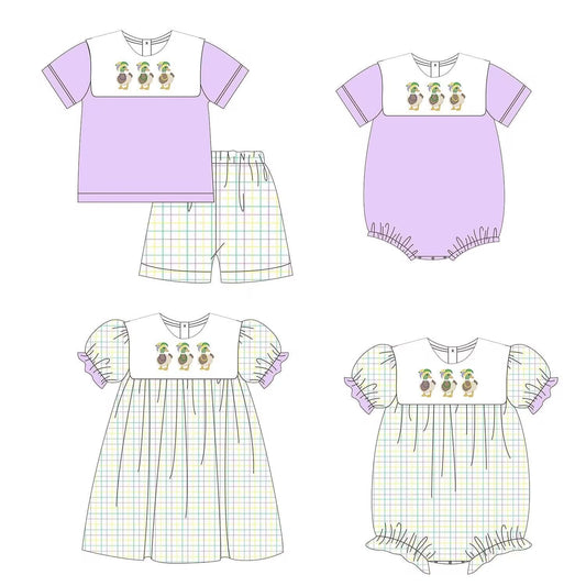 Custom moq 5 each style eta 6-7weeks baby girl clothes purple short sleeve shorts set and dress and rompers 2-25.9.4