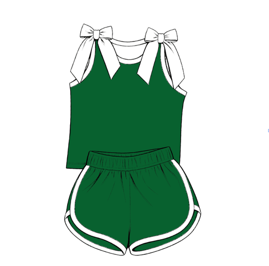 custom moq 5 mix size Baby Girls White Bow Sleeveless Green Top Shorts Summer Solid Color Set