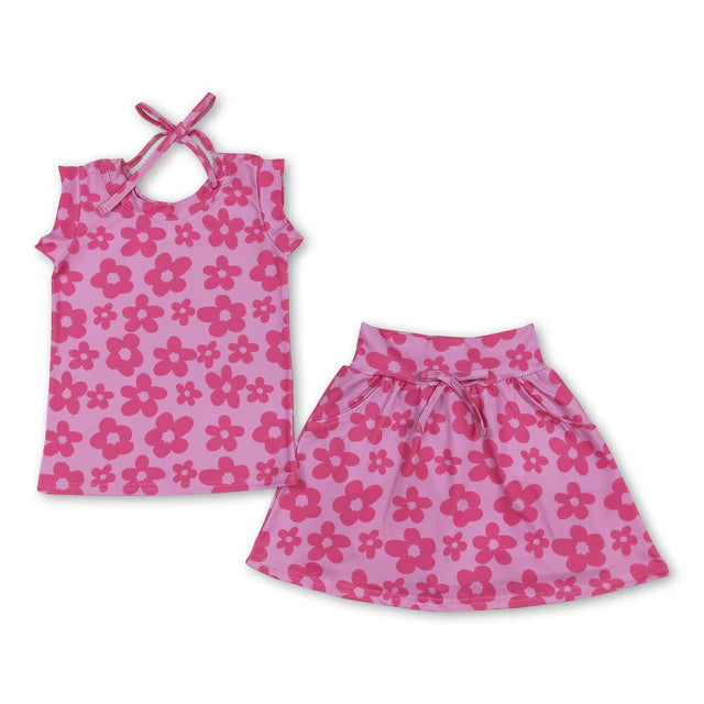 RTS NO MOQ Sibling Baby Girls  Sleeveless Hot Pink Flowers Top Pockets Short Skirts Sets
