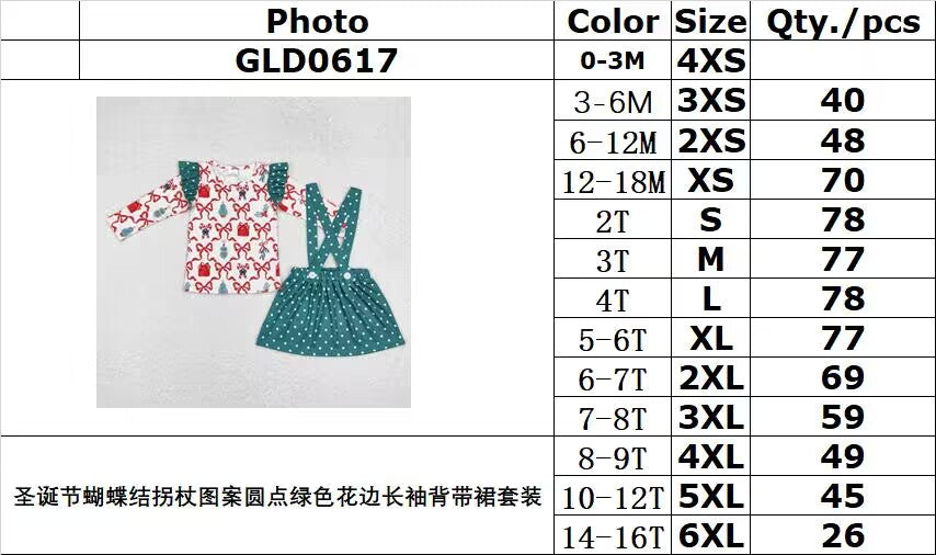 rts no moq GLD0617 Christmas bow polka dot green long-sleeved suspender skirt set