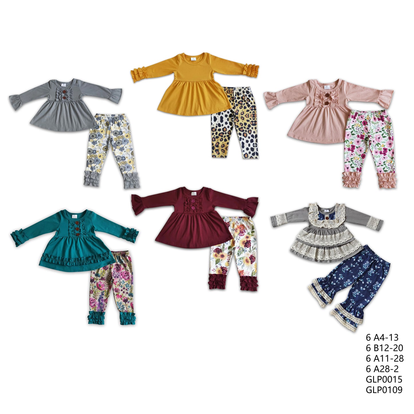 RTS NO MOQ Solid Color Lace Cuff Long Sleeve Top & Ruffle Hem Mixed Long Sleeve Pants Set