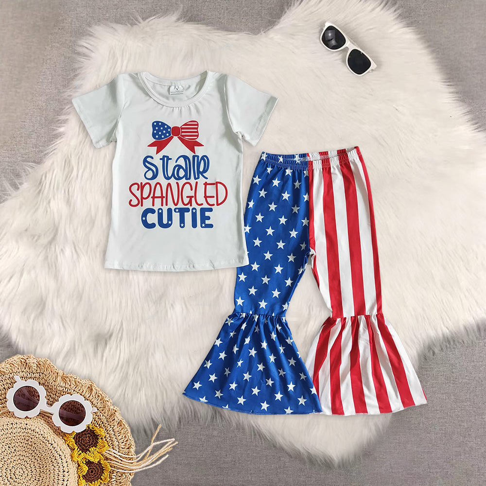 RTS NO MOQ baby Girls clothes 4th of july short sleeve pants Sets