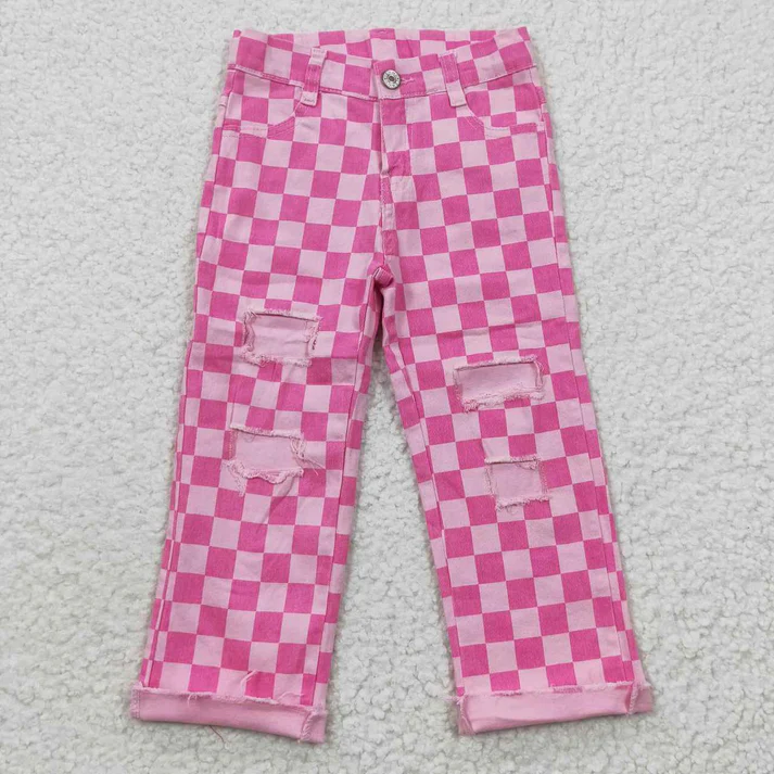 RTS NO MOQ Children's Plaid Ripped Jeans & Plaid Flared Pants