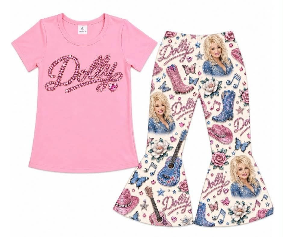 custom moq 5 mix size KAYN01 Baby Girls Letter Short Sleeve T‑shirt With Western Guitar Cowboy Print Flare Pants Skirt Clothes Set