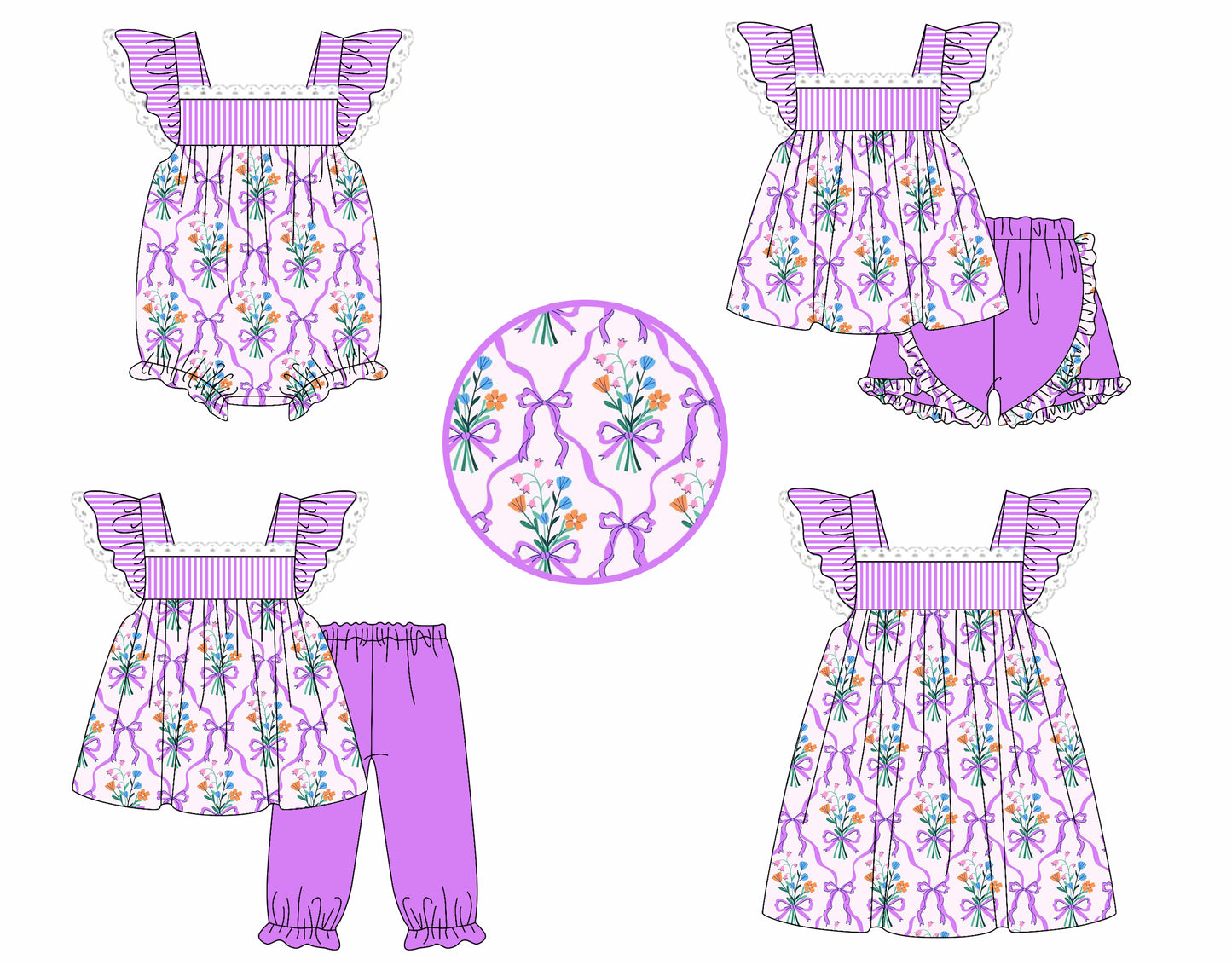 4.4 custom each style moq 5eta 4-6week Sibling Sisters floral bow baby girl short sleeve pants sets and shorts sets and dress and rompers match family design