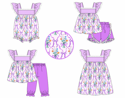 4.4 custom each style moq 5eta 4-6week Sibling Sisters floral bow baby girl short sleeve pants sets and shorts sets and dress and rompers match family design