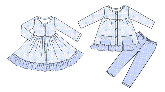 25.8.20 custom each style moq 5eta 4-6week Sibling Sisters blue baby girl long sleeve pants sets and dress match family design