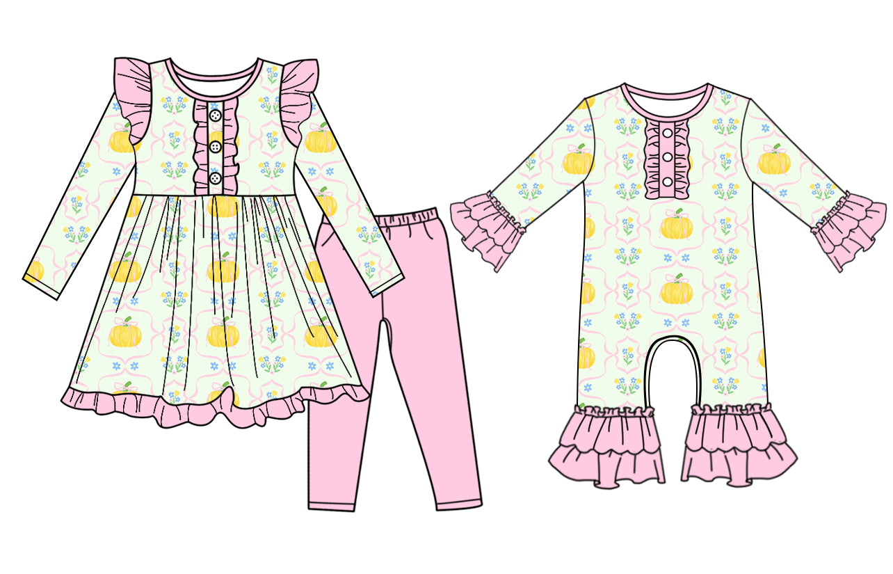 25.6.23 custom each style moq 5eta 4-6week Sibling Sisters pumpkin bow baby girl long sleeve pants sets and rompers match family design