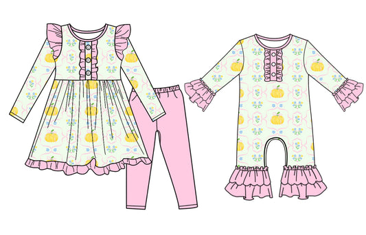 25.6.23 custom each style moq 5eta 4-6week Sibling Sisters pumpkin bow baby girl long sleeve pants sets and rompers match family design