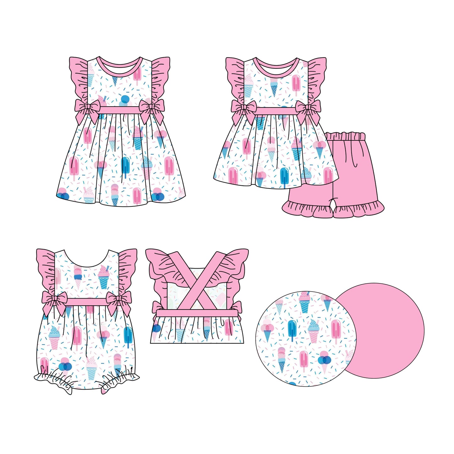 3.27 custom each style moq 5eta 4-6week Sibling Sisters ice cream baby girl short sleeve shorts sets and dress and rompers match family design