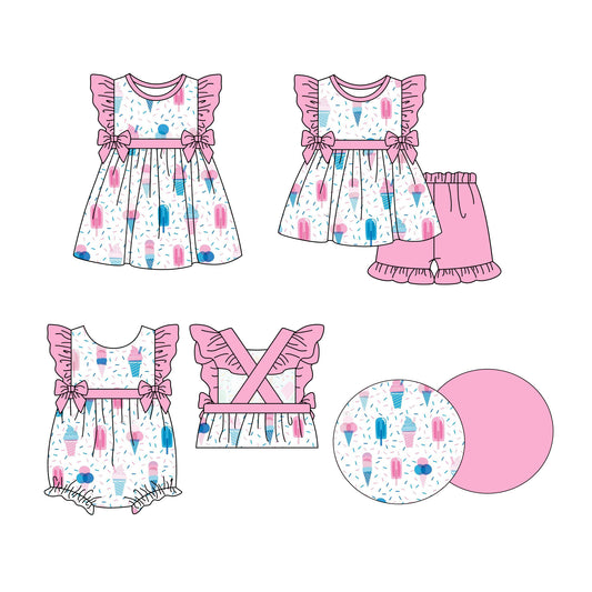 3.27 custom each style moq 5eta 4-6week Sibling Sisters ice cream baby girl short sleeve shorts sets and dress and rompers match family design
