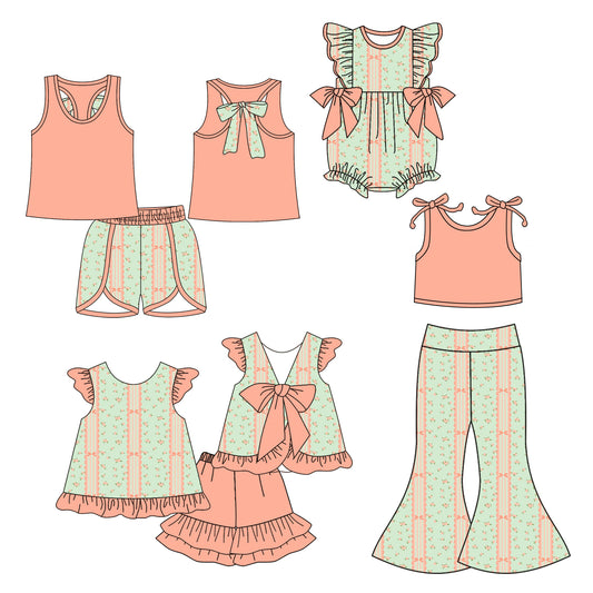 5.6 custom each style moq 5eta 4-6week Sibling Sisters floral baby girl short sleeve shorts sets 1 and sets 2 and pants sets and rompers match family design