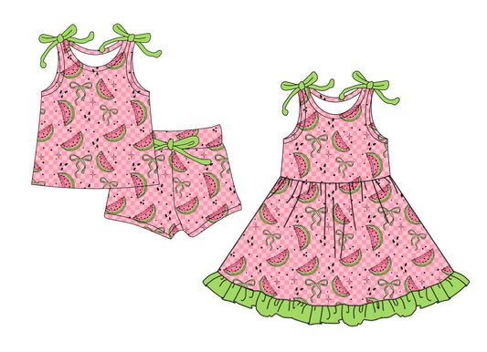 4.7 custom each style moq 5eta 4-6week Sibling Sister watermelon bow baby girl short sleeve shorts sets and dresses match design